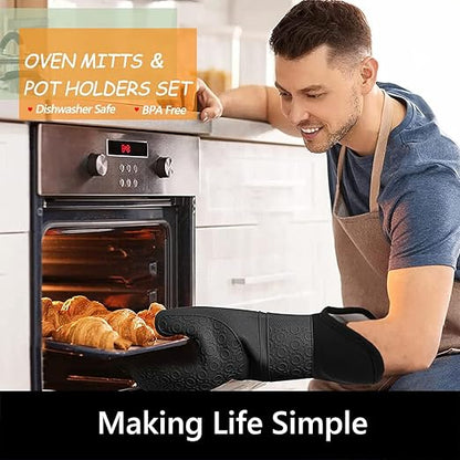 Silicone Oven Mitts and Pot Holders Sets, MTZRFLL Extra Long Heat Resistant Oven Gloves with Hot Pads and Mini Oven Mits Set for Kitchen Cooking Baking, Soft Quilted Lining, Pack of 6 (Gray) - Image 2