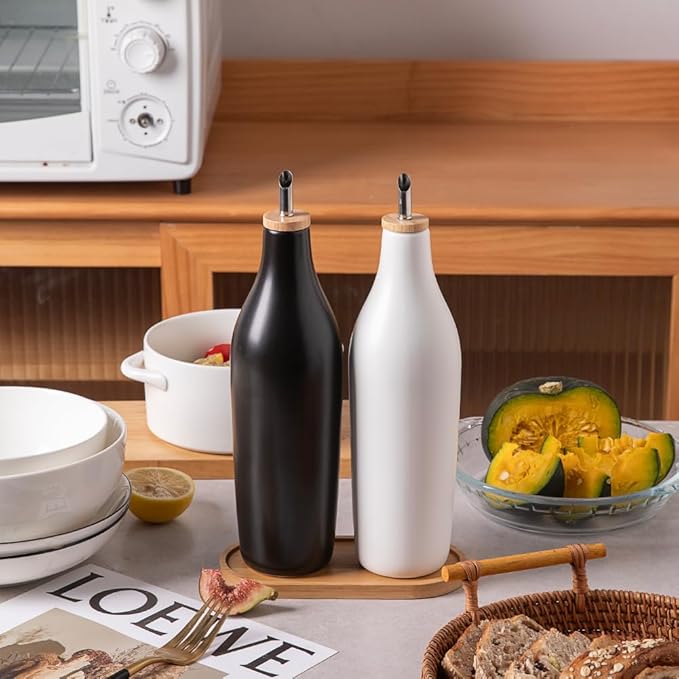 Sweejar Matte Ceramic Olive Oil Dispenser Bottles with Bamboo Tray,17 Oz Oil Dispenser Set for Kitchen Counter, Opaque Oil Cruet for Cooking, EVOO,Vinegar,Avocado Oil,Pack of 2 (Black White & Tary) - Image 2