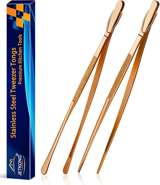 JETKONG 2 Pcs 12-Inch Kitchen Tweezers Cooking Tweezer Tongs Stainless Steel Long Food Tweezers (Rose Gold) by JETKONG