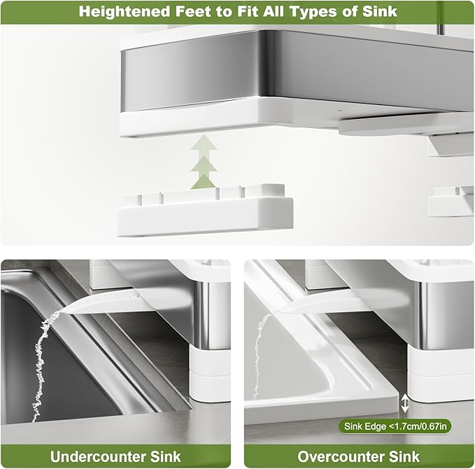 Ewaiira Stainless Steel Sink Caddy, Sponge Holder for Kitchen Sink with Brush Holder & Dishcloth Rack, Rustproof Organizer Countertop, Soap Dispenser Kitchen Organizers Storage Essentials, White 9.8″ - Image 6