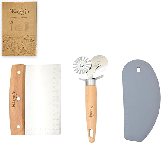 NAZANIN Baking Trio Set – Stainless Steel Dough Scraper with Beech Wood Handle, Pastry Cutter Wheel, and BPA-Free Silicone Bowl Scraper – Essential Bread, Pizza, Pastry, and Baking Tools