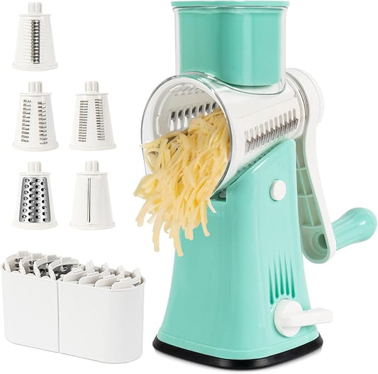 X Home 5-in-1 Rotary Cheese Grater for Kitchen, Upgraded Hand Crank Shredder with Stronger Suction Base & Multifunctional Drum Blades, for Cheese, Vegetables and Nuts, Easy to Use and Clean, Blue by XHome
