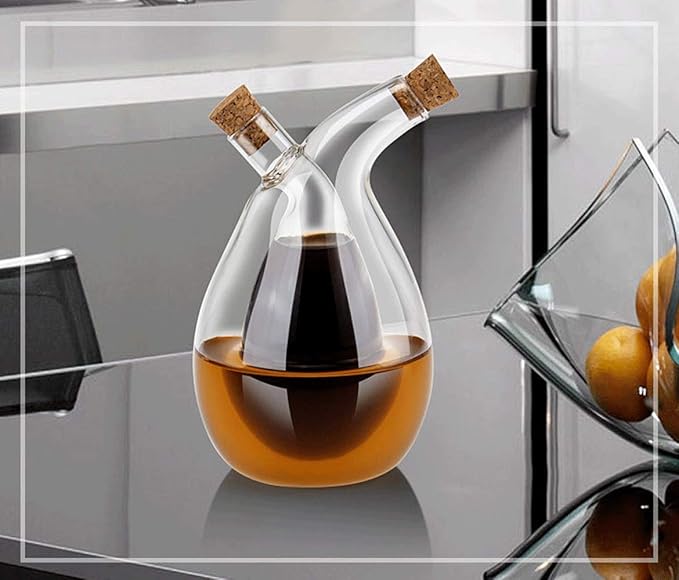 BOLLAER Glass Olive Oil Bottle Cruet, Hand-Blown, Moist Bottom, High Borosilicate Glass, 2 in 1 Oil and Vinegar Bottle, 2 oz