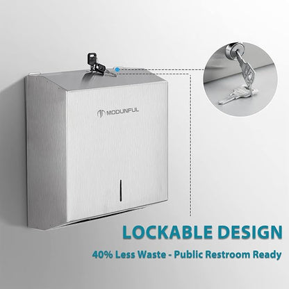 Paper Towel Dispenser Wall Mount: Large Capacity Commercial Paper Towel Holder for Bathroom with Lock, 300 Z/C Fold/280 Multifold Towels, Heavy Duty Brushed Stainless Steel