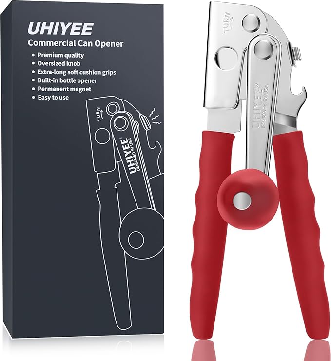 Commercial Can Opener, UHIYEE Hand Crank Can Opener Manual Heavy Duty with Comfortable Extra-long Handles, Oversized Knob, Large Handheld Can Open Easy for Big Cans, Red - Image 8
