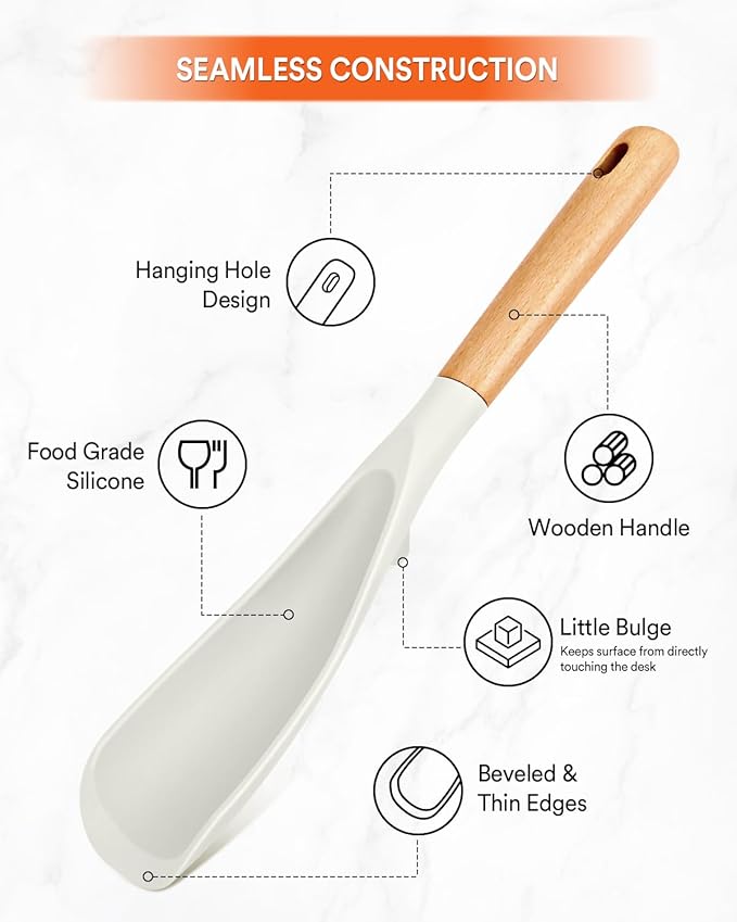 Cooking Spoon for Nonstick Cookwares, Great for Cooking and Serving Sturdy BPA-Free Matte Silicone, Wood Handle Spoon for Mixing, Scoop, and Scrape (2 Pack of White, 11.4 inch) - Image 3