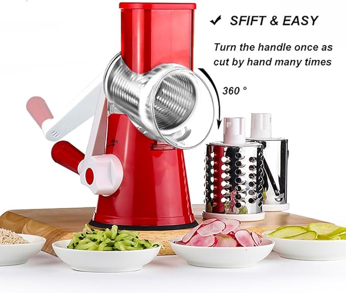 Cambom Rotary Cheese Grater Hand Crank Cheese Shredder for Fresh Cheese, Vegetable, Nuts,Non-slip Suction Base, Free Cleaning Brush Three Blades, Red - Image 7