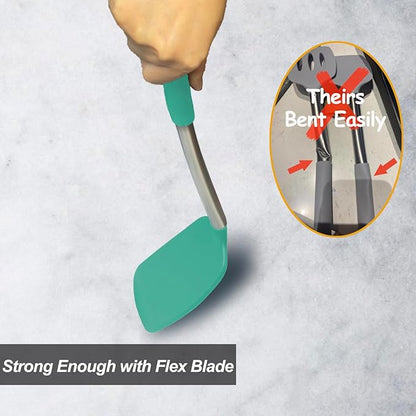 2 Pack Spatulas, Solid & Slotted Silicone Spatula Set, Stainless Steel Handle Coated with Silicone, Non Stick Turners, Heat Resistant Rubber Spatulas for Fish, Eggs, Pancakes, WOK, Teal - Image 4