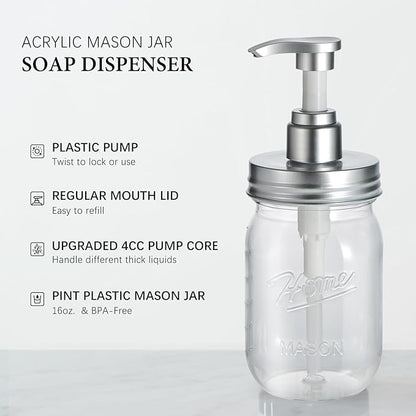 Amolliar Plastic Mason Jar Soap Dispenser with Pump Lid,16OZ Refillable BPA-Free Hand Soap Dispenser Set with Cute Lables, Farmhouse Decor for Kitchen Bathroom, Liquid Soap, Dish Soap (2 Pack, Silver) - Image 2