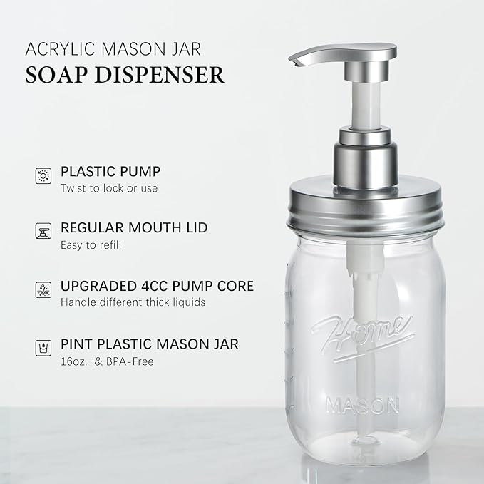 Amolliar Plastic Mason Jar Soap Dispenser with Pump Lid,16OZ Refillable Hand Soap Dispenser Set with Cute Lables - Farmhouse Decor for Kitchen/Bathroom, Liquid Soap, Dish Soap, Lotion (Silver) - Image 2