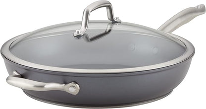 Anolon Accolade Forged Hard Anodized Nonstick Deep Frying Pan / Skillet with Helper Handle and Lid, 12 Inch - Moonstone Gray