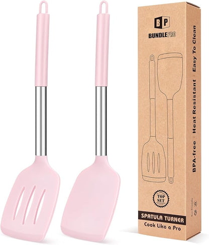 Pack of 2 Silicone Solid Turner, Non Stick Slotted Kitchen Spatulas, High Heat Resistant BPA Free Cooking Utensils, Ideal Cookware for Fish, Eggs, Pancakes(Pink) by BUNDLEPRO