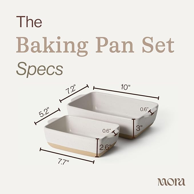 Mora Ceramic Set of 2 Baking Dishes For Casserole, Banana Bread, Brownies, Broiling, Roasting, and Baking. 7x11 in and Loaf Pans - Porcelain Serving Bakeware from Oven to Table. Freezer Safe - Oat - Image 2
