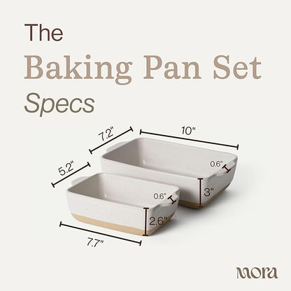 Mora Ceramic Set of 2 Baking Dishes For Casserole, Banana Bread, Brownies, Broiling, Roasting, and Baking. 7x11 in and Loaf Pans - Porcelain Serving Bakeware from Oven to Table. Freezer Safe - Oat - Image 2