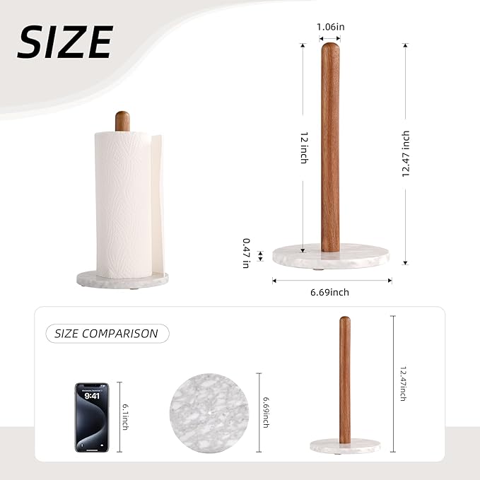 Acacia Wood & Marble Paper Towel Holder – Freestanding Paper Towel Holder for Countertop, Weighted for One-Handed Use, for Kitchen, Bathroom, Office - Image 3