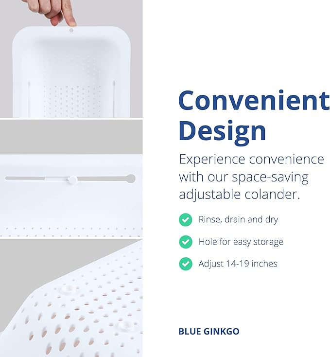 BLUE GINKGO Over the Sink Colander Strainer Basket - Wash Vegetables and Fruits, Drain Cooked Pasta and Dry Dishes - Extendable - New Home Kitchen Essentials (White, 1 Pack) - Image 4