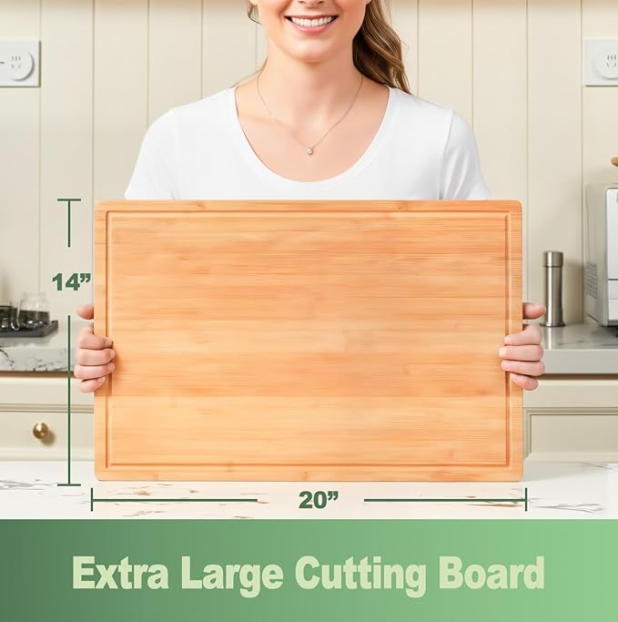 Allsum 20x14" Extra Large Bamboo Cutting Boards for Kitchen, XL Wood Charcuterie Boards Cheese Serving Tray with Side Handles and Juice Grooves, Solid Durable Reversible - Image 2