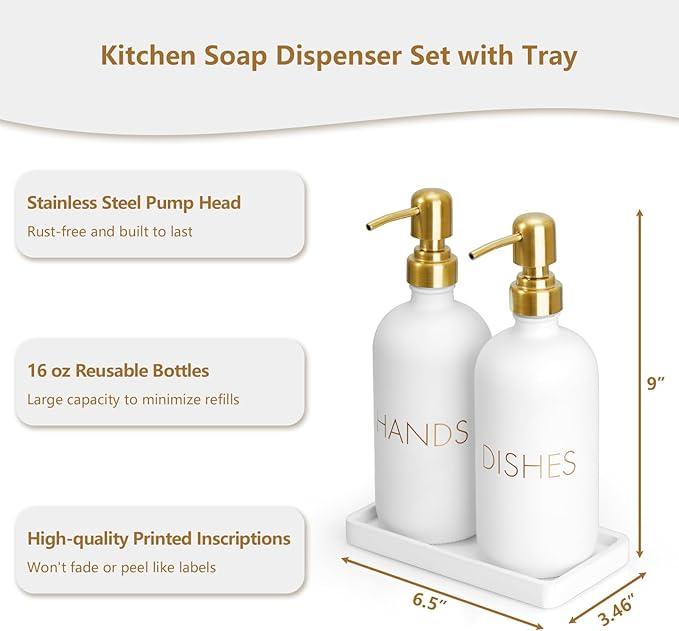 Glass Dish and Hand Soap Dispenser Set - Kitchen Soap Dispenser with Tray and Stainless Steel Pump - for Modern Gold Kitchen Decor and Accessories