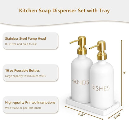 Glass Dish and Hand Soap Dispenser Set - Kitchen Soap Dispenser with Tray and Stainless Steel Pump - for Modern Gold Kitchen Decor and Accessories