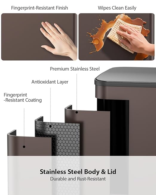 Lovewind Double Trash Can Kitchen, 13+5.5 Gallon Stainless Steel Dual Trash and Recycle Bin Combo with Silent Close Lid, Heavy-Duty Foot Pedal, Easy to Clean Garbage Can for Large Families, Brown