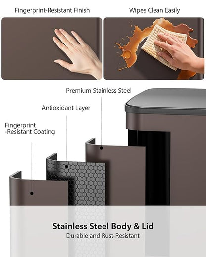 Lovewind Double Trash Can Kitchen, 13+5.5 Gallon Stainless Steel Dual Trash and Recycle Bin Combo with Silent Close Lid, Heavy-Duty Foot Pedal, Easy to Clean Garbage Can for Large Families, Brown