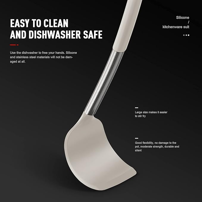 Large Silicone Cooking Utensils Set - Heat Resistant Kitchen Utensils,Turner Tongs,Spatula,Spoon,Brush,Whisk,Stainless Steel Silicone Cooking Tool for Nonstick Cookware,Dishwasher Safe (Khaki) - Image 6
