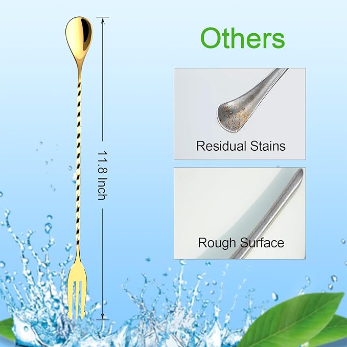 BRIOUT 2 Pcs Bar Spoon, 12 Inches Long Handle Drink Stirrer, Stainless Steel Bar Cocktail Mixing Spoons with Double Ended Design for Stirring, Gold - Image 2