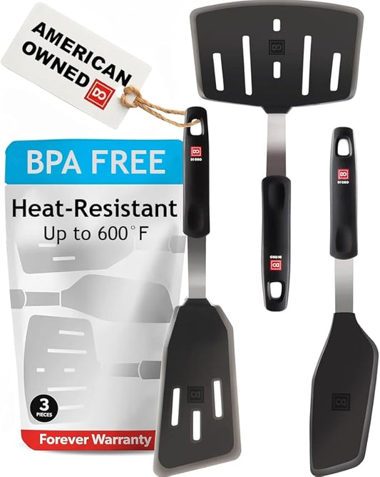 DI ORO Spatulas for Kitchen Use - Forever Warranty - 600°F Heat-Resistant Silicone - Turner Spatula Set for Cooking - BPA Free Wide Pancake Spatulas - Egg Flippers for Nonstick Cookware Safe (3pc) by DIORO