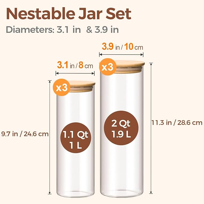 ComSaf Glass Food Storage Jars Set of 6, Tall Glass Storage Containers with Lids, Spaghetti Jar, Canisters Set for the kitchen, Pasta, Flour, Nuts, Oat, Coffee and Sugar Container, Pantry Organization - Image 2