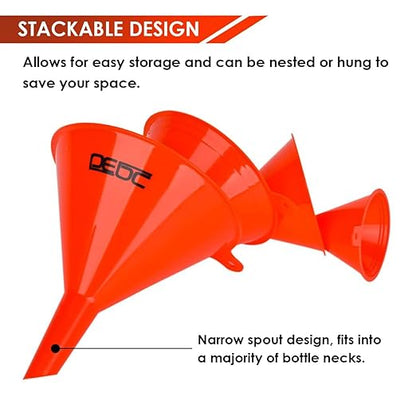 DEDC Oil Funnels, Plastic Gas Funnels Set for Car, Automotive, Kitchen, Mini Small Large Red (8pcs) - Image 4