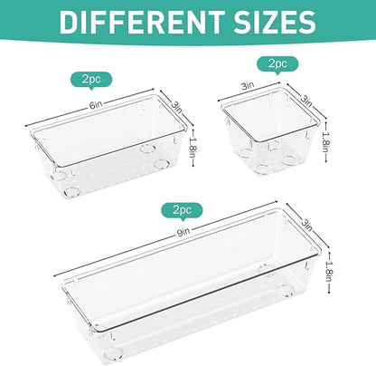 WOWBOX 6 Pack Clear Drawer Organizer Set, Acrylic Drawer Storage Trays, Storage Bins for Makeup, Cosmetics, Jewelries, Utensils, Gadgets, Office - Image 2