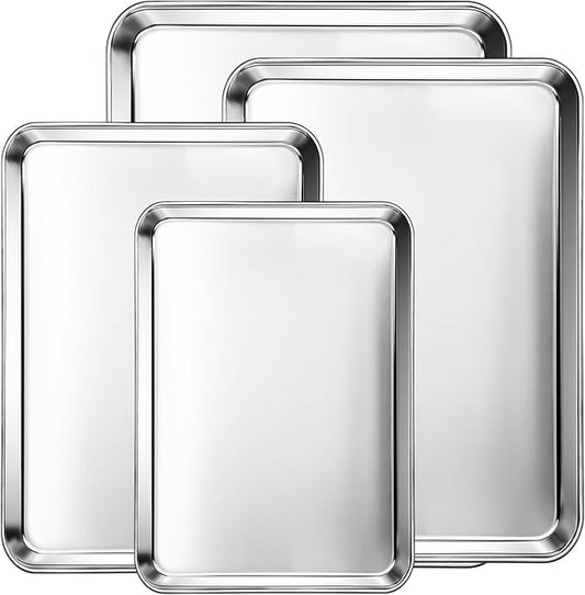 CEKEE Baking Sheet Set of 4, Stainless Steel Cookie Sheets for Baking, 0.8mm Heavy Duty Nonstick Baking Pans, 9/10/12/16 Inch Baking Trays for Oven, Non Toxic & Mirror Finish & Easy Clean by CEKEEBakingEasilyHappily