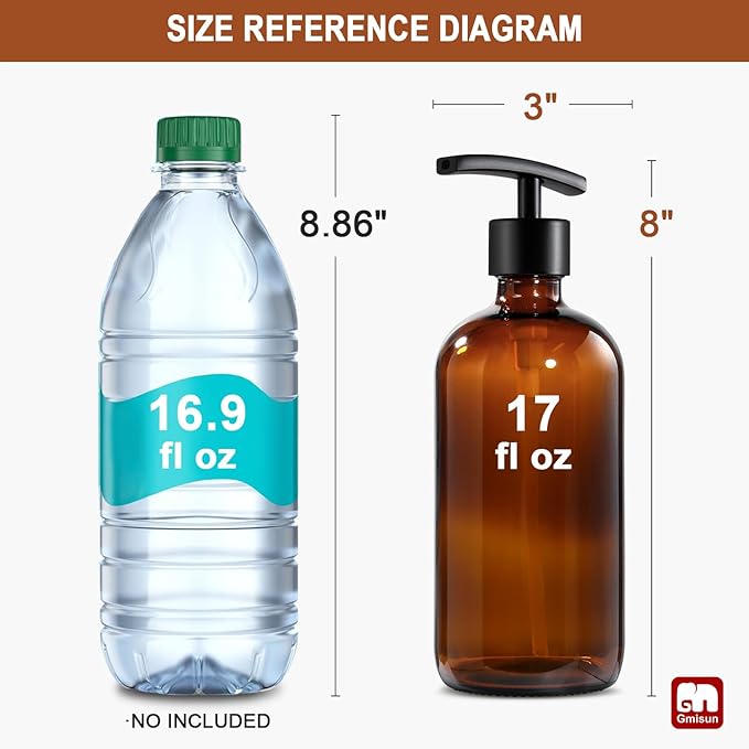 GMISUN Amber Glass Soap Dispenser, 2 Pack Bathroom Hand Soap Dispensers with Stainless Steel Pump, 17 Fl Oz Kitchen Hand and Dish Soap Dispenser Set, Modern Vintage Liquid Brown Soap Dispensers Bottle - Image 2