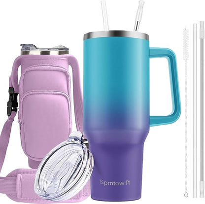 40oz Stainless Steel Double Vacuum Tumbler with Handle, Straw Lid, Carrier Bag, Purse Pouch Phone Pocket, Gym Water Bottle Travel Mug and Sleeve Holder for Men Women (Blue/Purple)