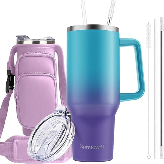 40oz Stainless Steel Double Vacuum Tumbler with Handle, Straw Lid, Carrier Bag, Purse Pouch Phone Pocket, Gym Water Bottle Travel Mug and Sleeve Holder for Men Women (Blue/Purple)