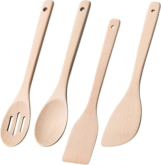 Wooden Spoons for Cooking, 4-Piece Wood Utensil Set Includes Slotted Spoon, Spoon & Wooden Spatula for Cooking – Uncoated Beech Wood Kitchen Utensil Set – 12 Inch Hardwearing Tools by HEFILD