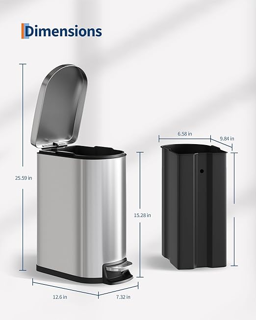 Garvee 13 gal (50 L) and 2.6 gal (10 L) Stainless Steel Trash Can Combo Set, Rustproof Garbage Can with Lid for Kitchen and Bathroom, Step-on Trash Bin with Inner Bucket, Rear Handle, Silver - Image 8