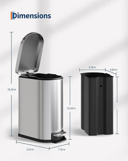 Garvee 13 gal (50 L) and 2.6 gal (10 L) Stainless Steel Trash Can Combo Set, Rustproof Garbage Can with Lid for Kitchen and Bathroom, Step-on Trash Bin with Inner Bucket, Rear Handle, Silver - Image 8