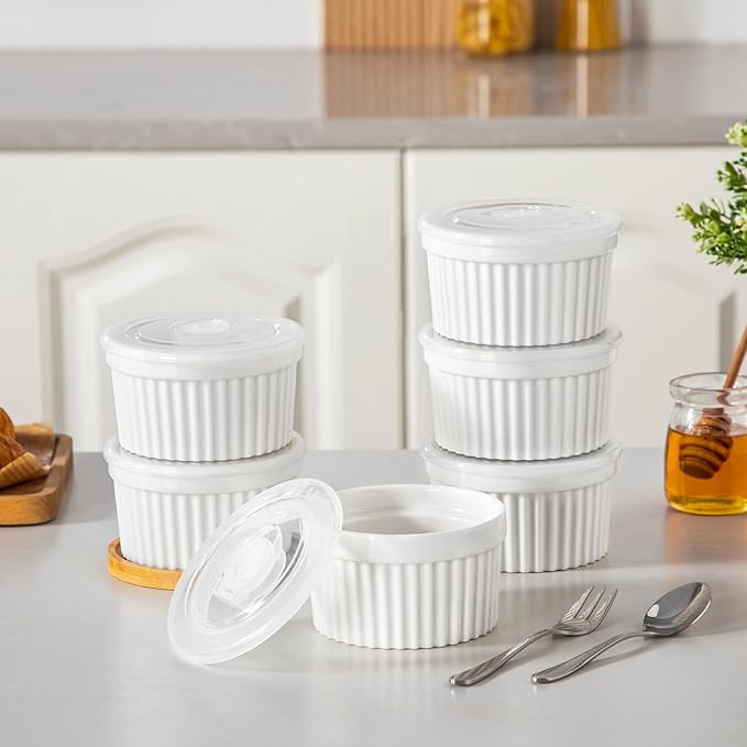 vancasso 10 oz Ramekins with Lid, Porcelain Creme Brulee Souffle Dishes, White Pudding Custard Cups Ramiken for Baking, Dishwasher and Oven Safe, Set of 6 - Image 6
