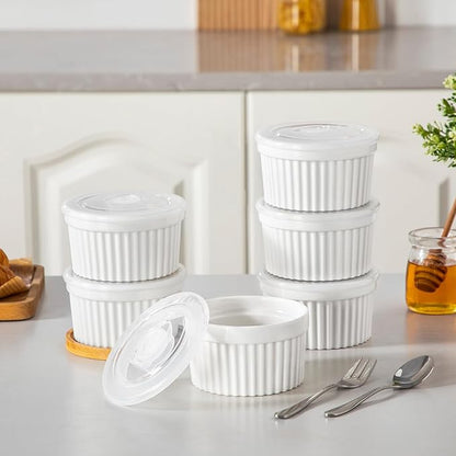 vancasso 10 oz Ramekins with Lid, Porcelain Creme Brulee Souffle Dishes, White Pudding Custard Cups Ramiken for Baking, Dishwasher and Oven Safe, Set of 6 - Image 6