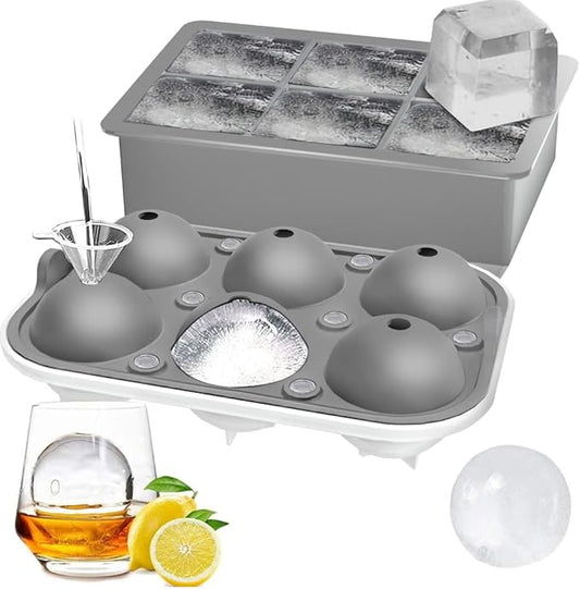 ROTTAY Ice Cube Trays (Set of 2), Sphere Ice Ball Maker with Lid & Large Square Ice Cube Maker for Whiskey, Cocktails and Homemade, Keep Drinks Chilled, Grey by Rottay