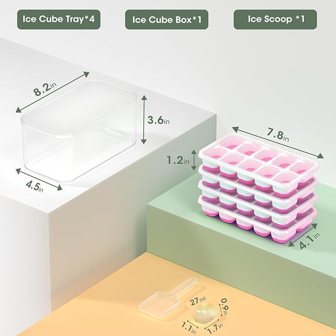 DOQAUS Ice Cube Tray with Lid and Bin - 4 Pack Silicone Ice Cube Trays for Freezer, Stackable Ice Bucket Kits with Storage Container & Scoop for Kitchen, RV, Cocktail, Coffee - Image 7