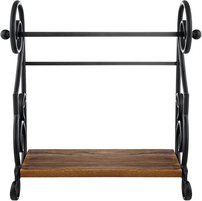 MyGift Black Metal Countertop Paper Towel Holder with Rustic Solid Burnt Wood Storage Shelf and Scrollwork Design, Easy Refill Single Roll Holder