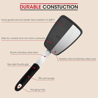 Unicook 2 Pack Flexible Silicone Spatula, Turner, 600F Heat Resistant, Ideal for Flipping Eggs, Burgers, Crepes and More, Black - Image 2