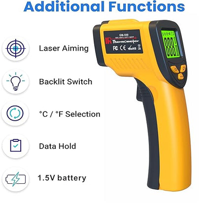DEASOMIYE Infrared Laser Thermometer, Digital Infrared Laser Thermometer Gun with Adjustable Emissivity, IR Thermometer Temperature Gun for Cooking, Pizza Oven & Engine, -58℉～1022℉(-50℃～550℃)