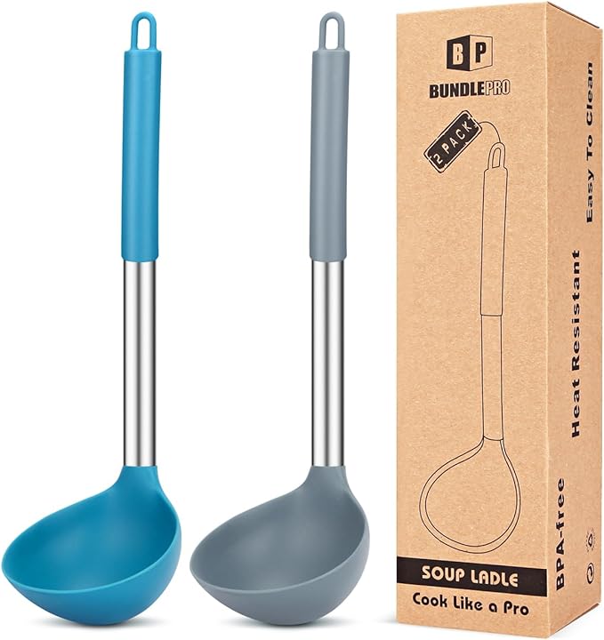 Pack of 2 Ladle Spoon,Silicone Large Spoon for Soup,Non Stick Kitchen Utensils with High Heat Resistant,BPA Free Perfect Kitchen Tools for Cooking, Stirring,Serving Soups (GREY-BLUE) by BUNDLEPRO