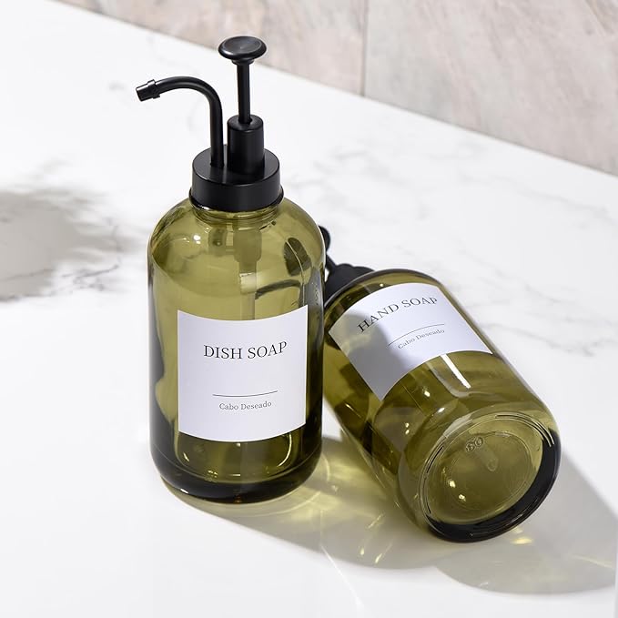 Glass Soap Dispenser with Pump, Dish and Hand Soap Dispenser for Kitchen Bathroom Set, Clear Glass Dispenser Set of 2 Pack with 18 Stickers Funnel Bamboo Tray 500ml 18oz Green - Image 7