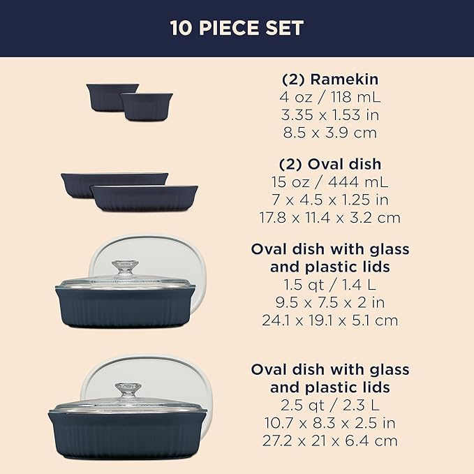 CorningWare Ceramic Bakeware Set with Lids Chip and Crack Resistant Stoneware Baking Dish, Microwave, Dishwasher, Oven, Freezer and Fridge Safe, 10-Piece French Navy - Image 2