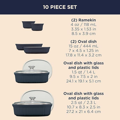 CorningWare Ceramic Bakeware Set with Lids Chip and Crack Resistant Stoneware Baking Dish, Microwave, Dishwasher, Oven, Freezer and Fridge Safe, 10-Piece French Navy - Image 2