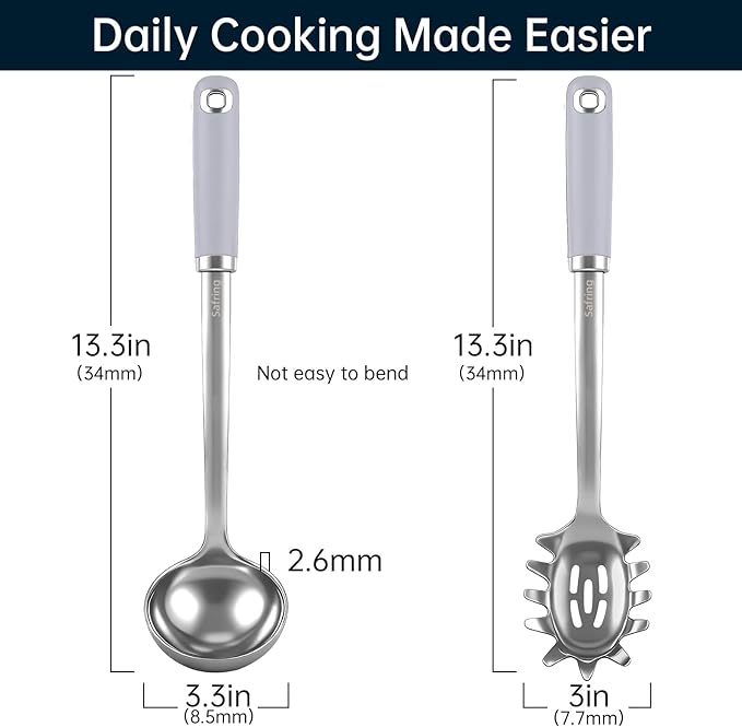 Safring Stainless Steel Soup Ladle and Spaghetti Spoon Set, Heat Resistant Rubber Handle, Dishwasher Safe, Kitchen Utensils for Cooking, Stirring, Serving Pasta, Soup & Sauce (Lavender) - Image 2